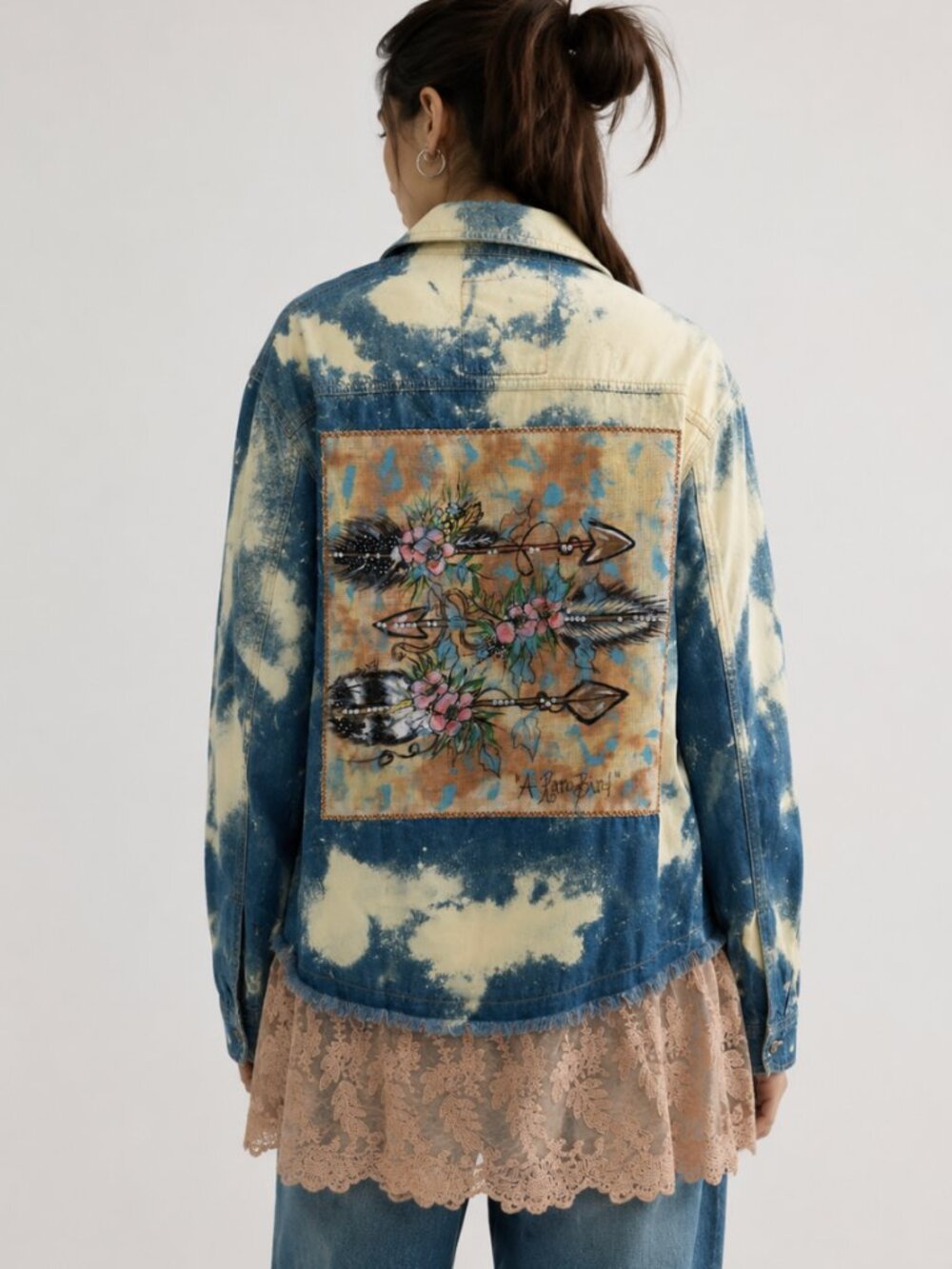 A RARE BIRD BLEACH OUT PATCH BACK RHINESTONE TRIM DENIM SHIRT - Picture 2 of 12